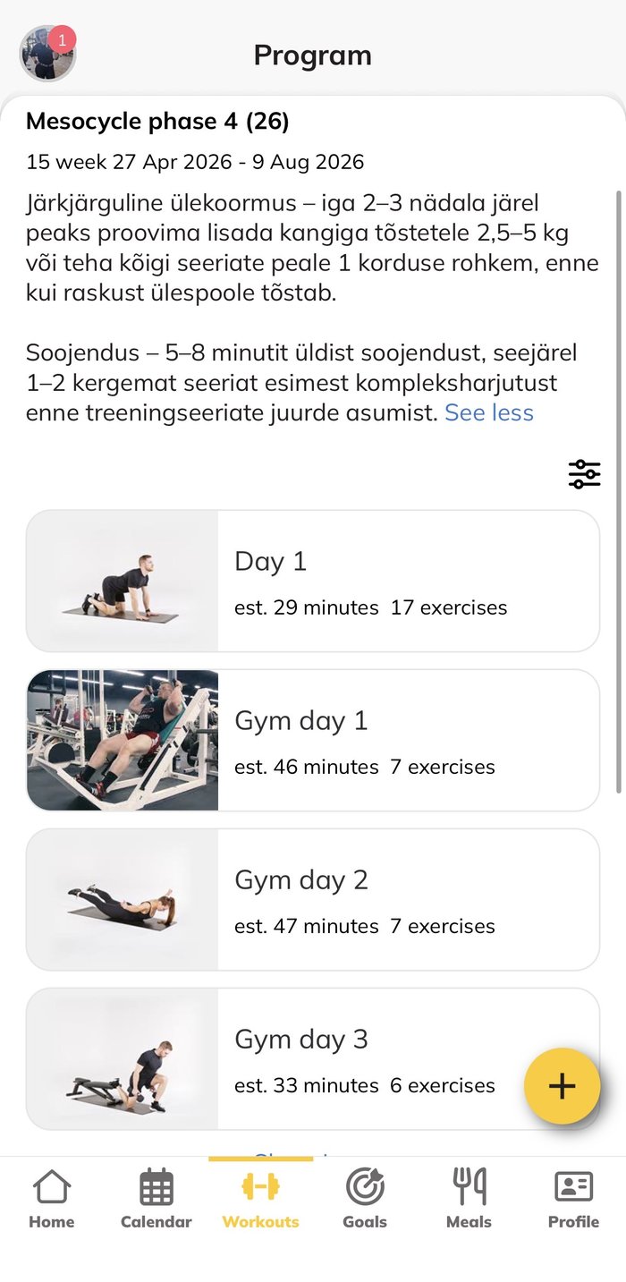 A client's personalised training program inside the Trainerize coaching app